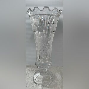 Vintage Bohemian Clear Lead Crystal Grapes Etched Diamond Cut Glass Vase 10.5"